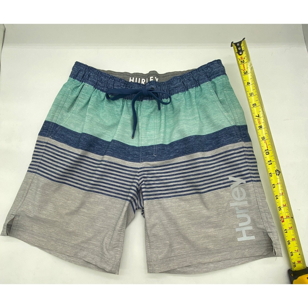Hurley Mens Striped Board Shorts Teal Navy Grey Compression Liner Size Large